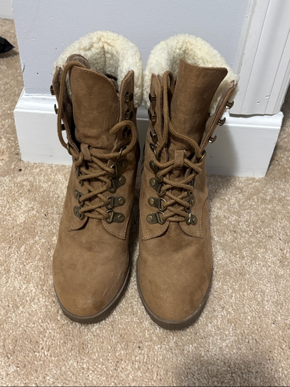 Brash Tan Lace-Up Faux Suede Shearling Boots